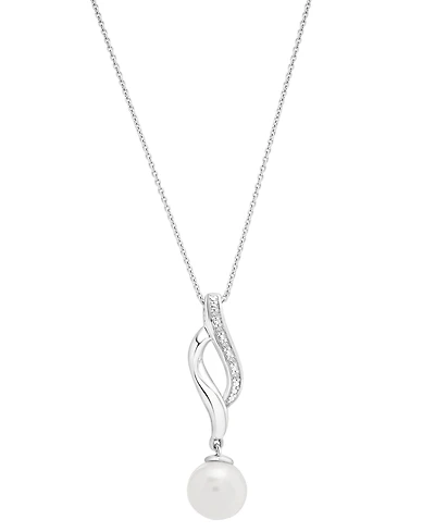 Cultured Freshwater Pearl (8mm) & Diamond Accent Swirl 18" Pendant Necklace in Sterling Silver