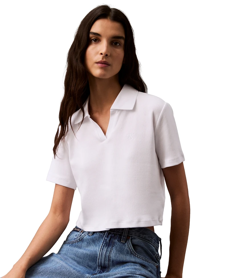 Calvin Klein Jeans Women's Ribbed Monogram-Logo Polo Top