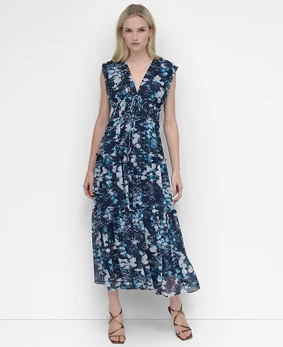 Dkny Women's Printed V-Neck Empire-Waist Tiered Midi Dress