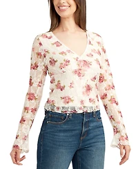 Bcx Juniors' Floral-Print Stretch Lace Long-Sleeve Top