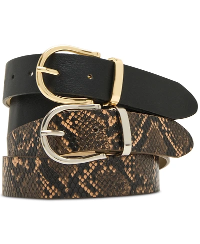 Steve Madden 1-3/10" Faux-Leather Belt, Set of 2