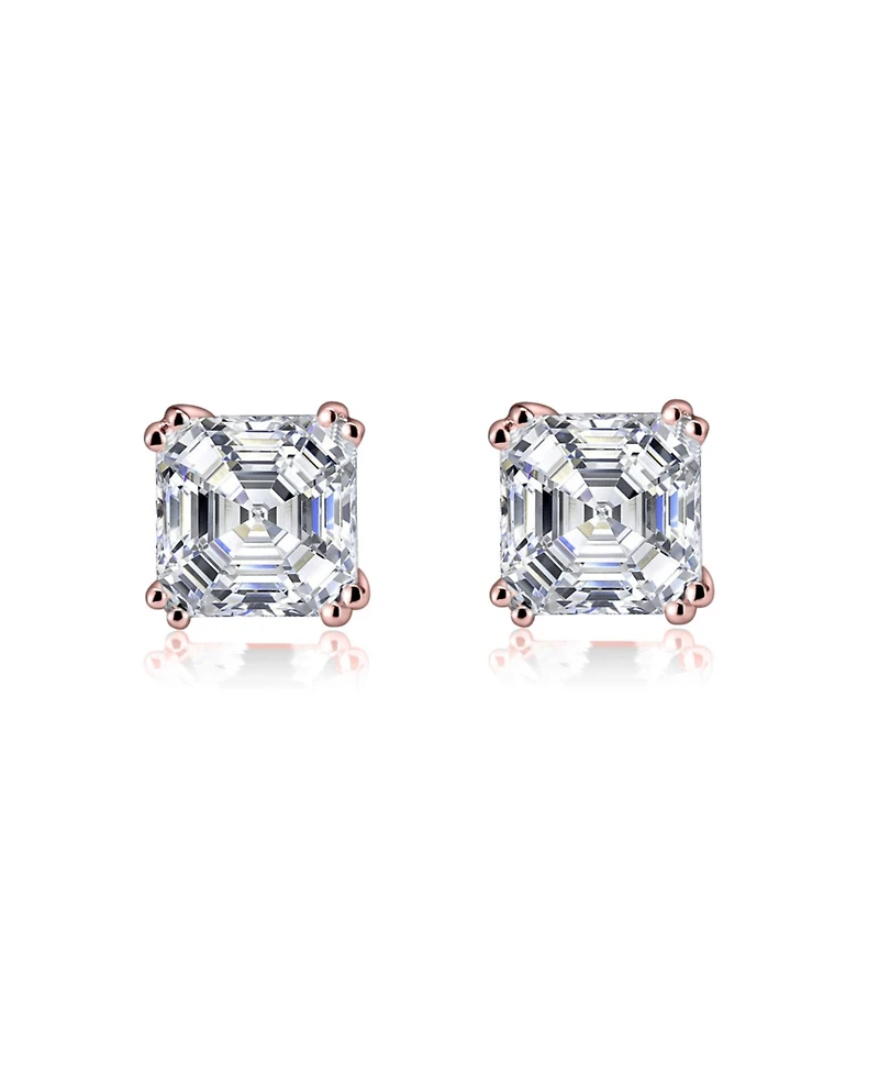 Sterling Silver 18K Rose Gold Plating with Clear Cubic Zirconia Asscher-Cut Stud Earrings