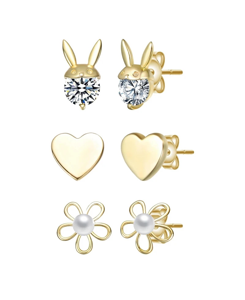 14K Gold Plated with Clear Cubic Zirconia & Mother of Pearl Rabbit, Heart & Flower Stud Earring 3-Piece Set