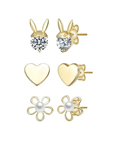 14K Gold Plated with Clear Cubic Zirconia & Mother of Pearl Rabbit, Heart & Flower Stud Earring 3-Piece Set