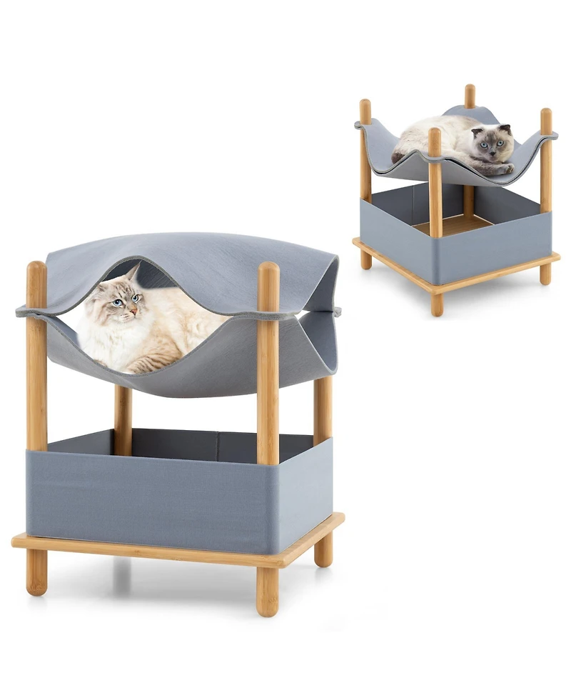 2-Tier Wooden Cat House with Semi-enclosed Condo and Removable Clothes