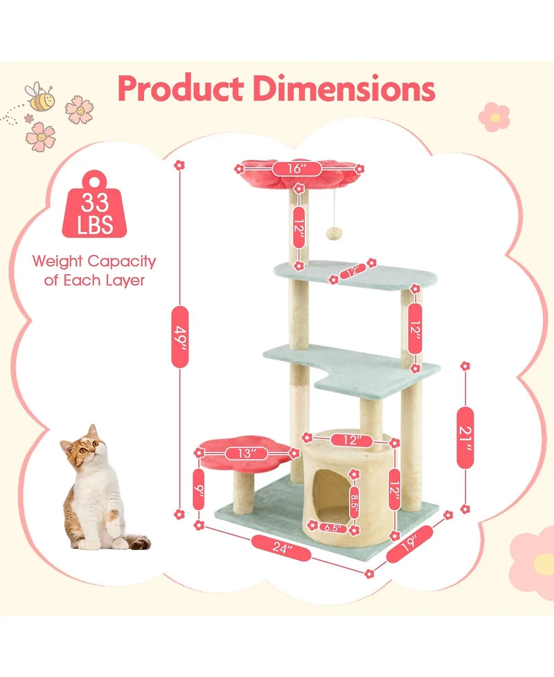 Multi-Level Aesthetic Floral Kitten Tower with Flower-Shaped Plush Padded Perch