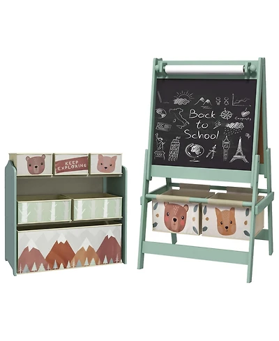 Qaba Kids Toy Organizer and Kids Easel Set with 6 Storage Bins, Paper Roll