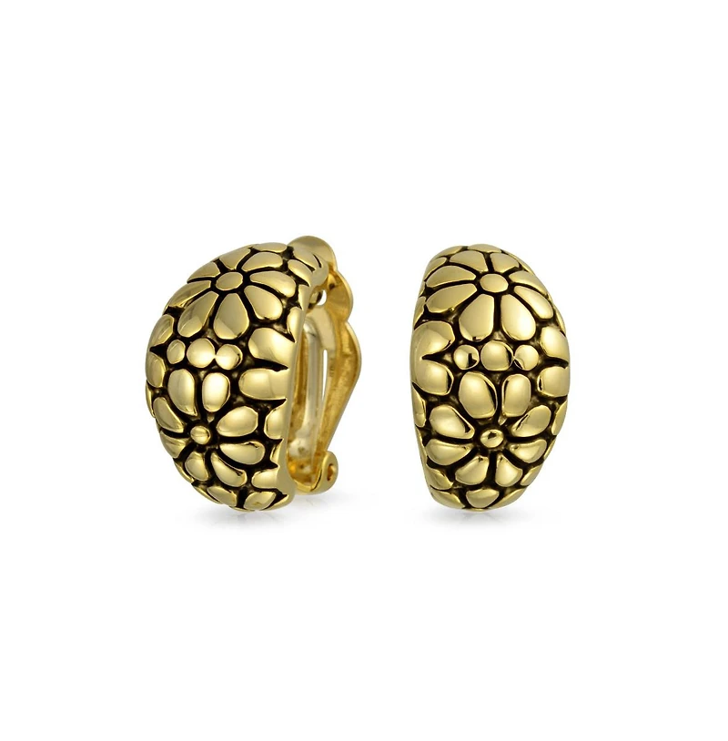 Bling Jewelry Flower Wide Shrimp Half Hoop Clip On Earrings For Non Pierced Ears Oxidized Gold Plated Brass