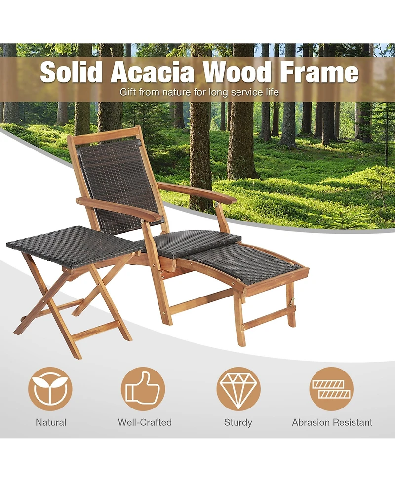 Gymax Patio Lounge Chair Set of 3 w/ Side Table Quick Folding Design Ottoman Outdoor