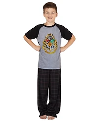 Harry Potter Boys Hogwarts Castle Crest 2-Piece Raglan Plaid Pajama Pant Set