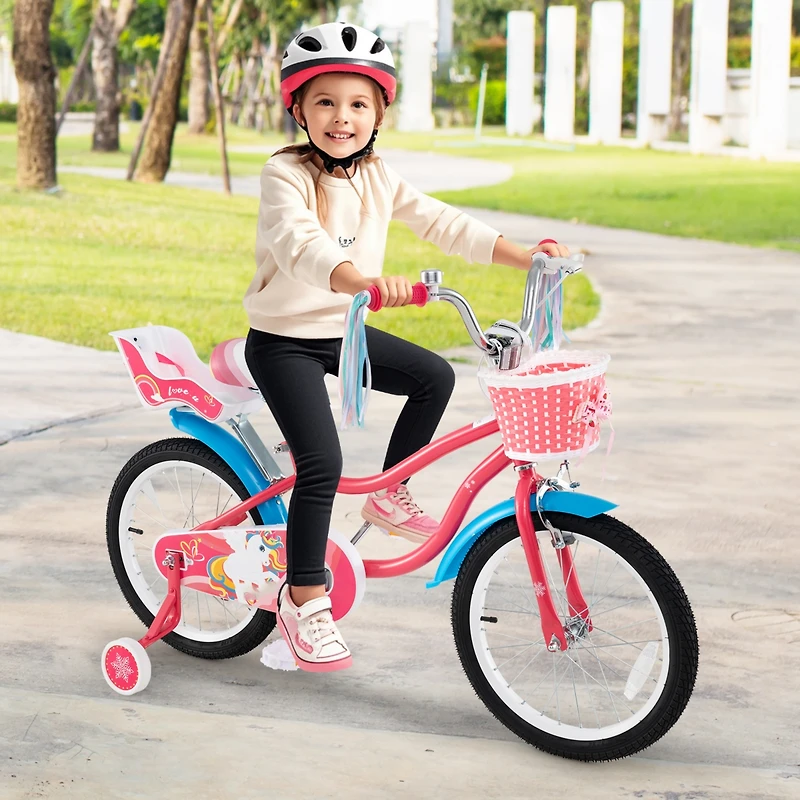 Kids Girls Bike with Doll Seat and Training Wheels for Easy Riding