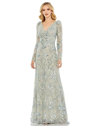 Mac Duggal Women's Embroidered Wrap Over Puff Sleeves Trumpet Gown