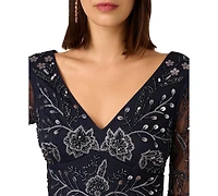 Adrianna Papell Women's Long-Sleeve Beaded Mesh Dress