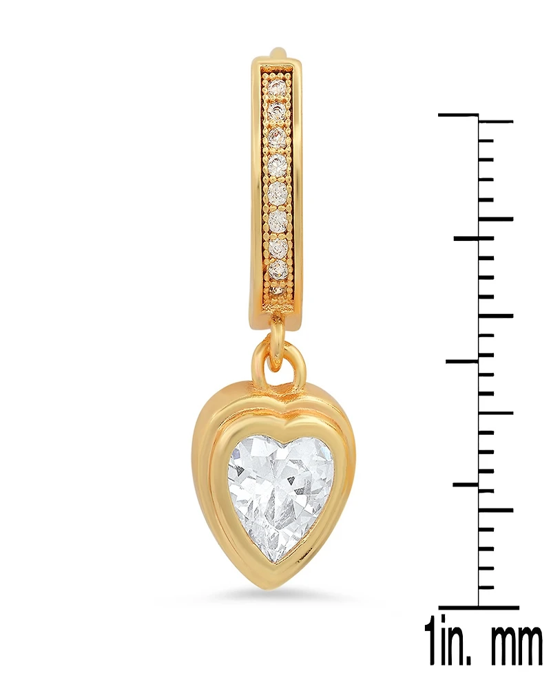 Steeltime Women's Brass Simulated Diamonds Dangling Charm Heart Huggie Earrings