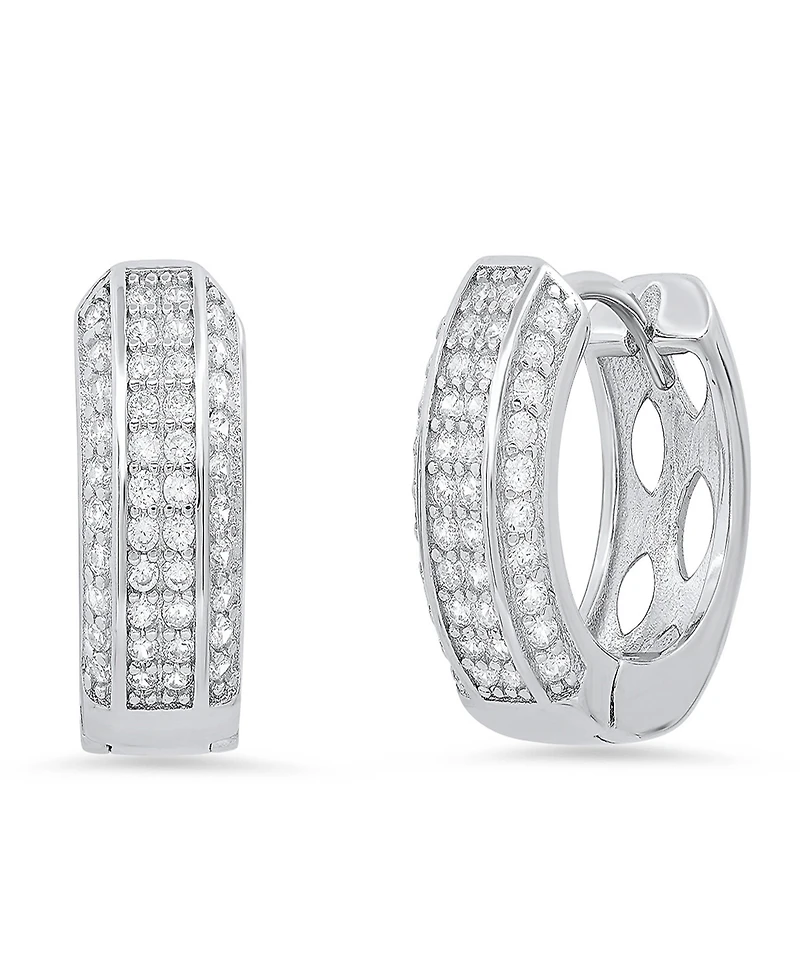 Steeltime Women's Sterling Silver and Multi-Row Simulated Diamonds Hoop Huggie Earrings