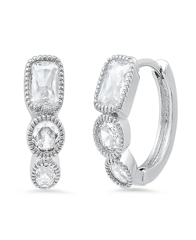 Steeltime Women's Plated Brass Simulated Diamonds Huggie Earrings