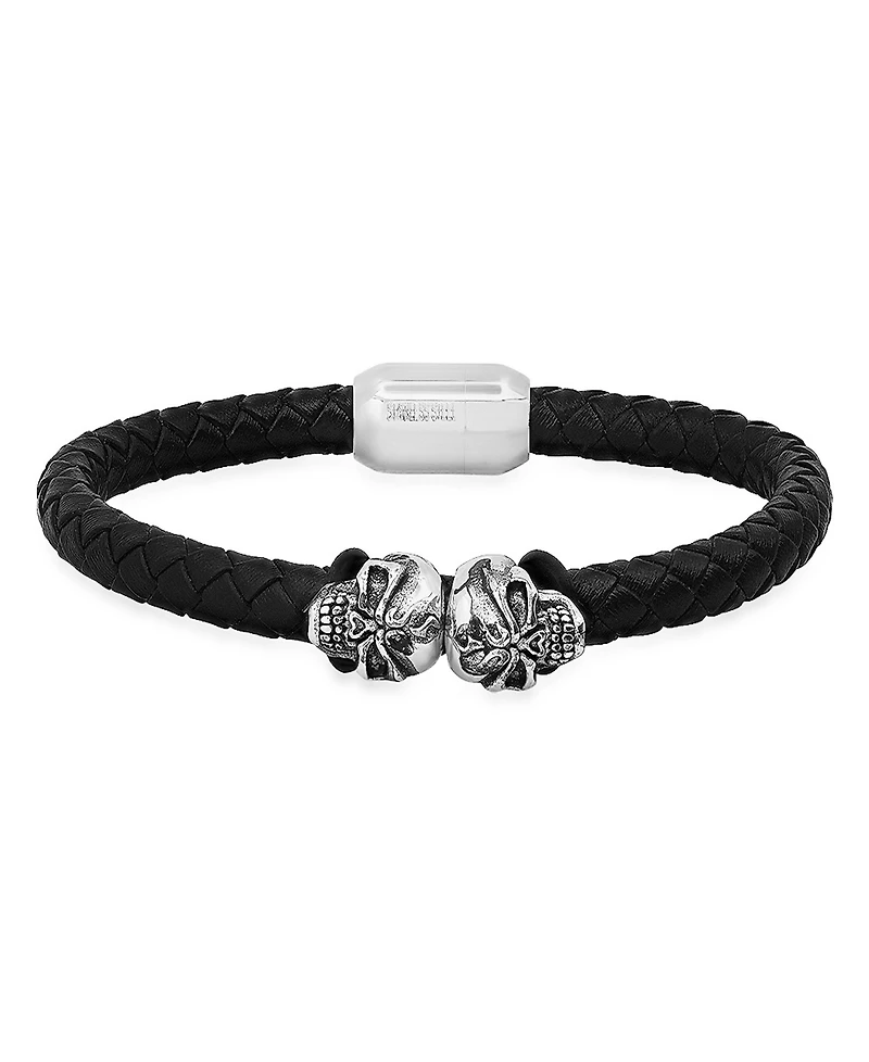Steeltime Men's Black Braided Leather and Stainless-Steel Skulls Bracelet