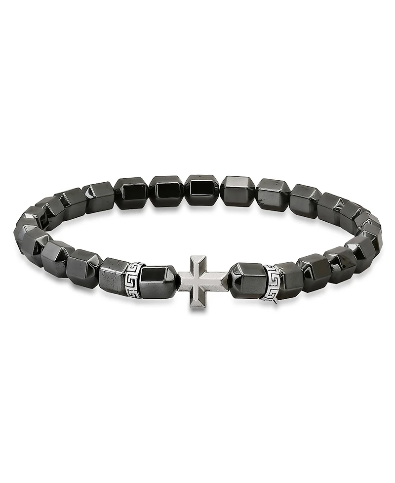 Steeltime Men's Sterling Silver Cross and Hematite Beaded Stretch Bracelet