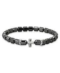 Steeltime Men's Sterling Silver Cross and Hematite Beaded Stretch Bracelet