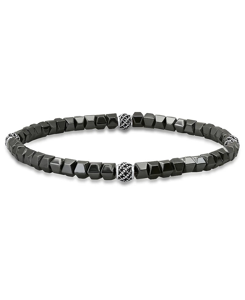 Steeltime Men's Sterling Silver and Hematite Beaded Stretch Bracelet