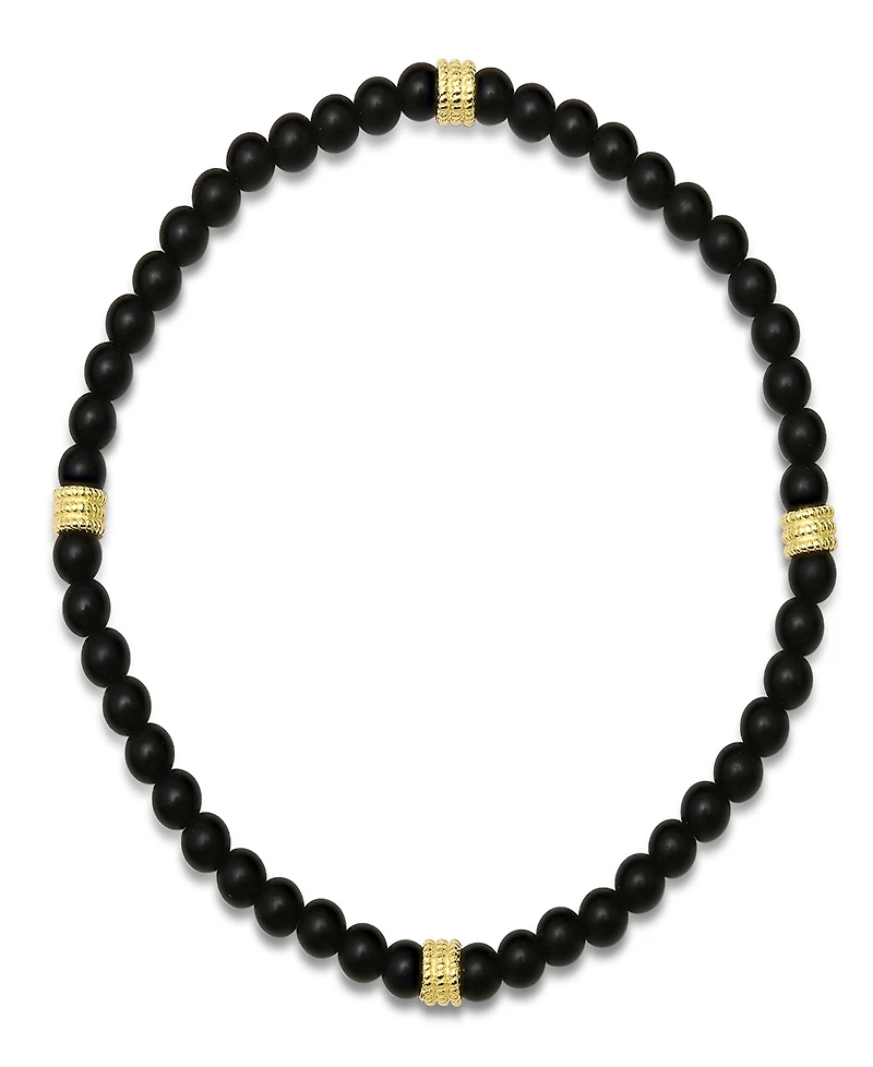 Steeltime Men's 14K Gold Plated Sterling Silver and Black Lava Beaded Stretch Bracelet