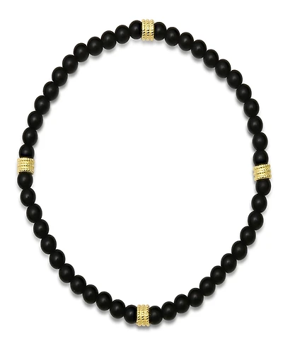 Steeltime Men's 14K Gold Plated Sterling Silver and Black Lava Beaded Stretch Bracelet