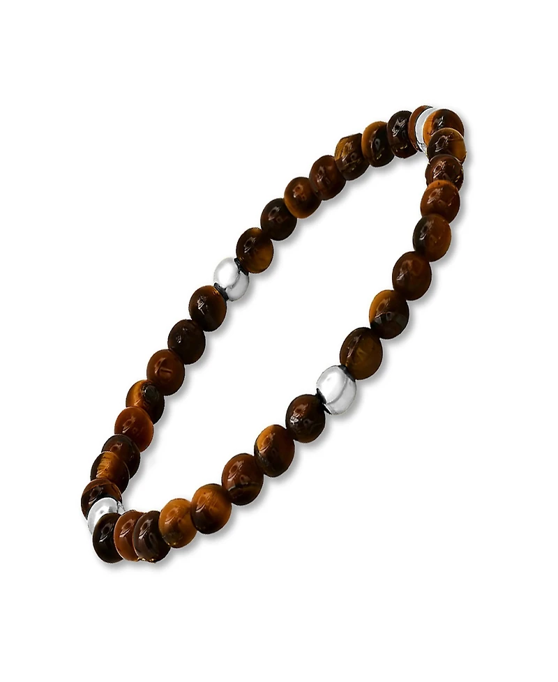 Steeltime Men's Sterling Silver and Tiger Eye Beaded Stretch Bracelet