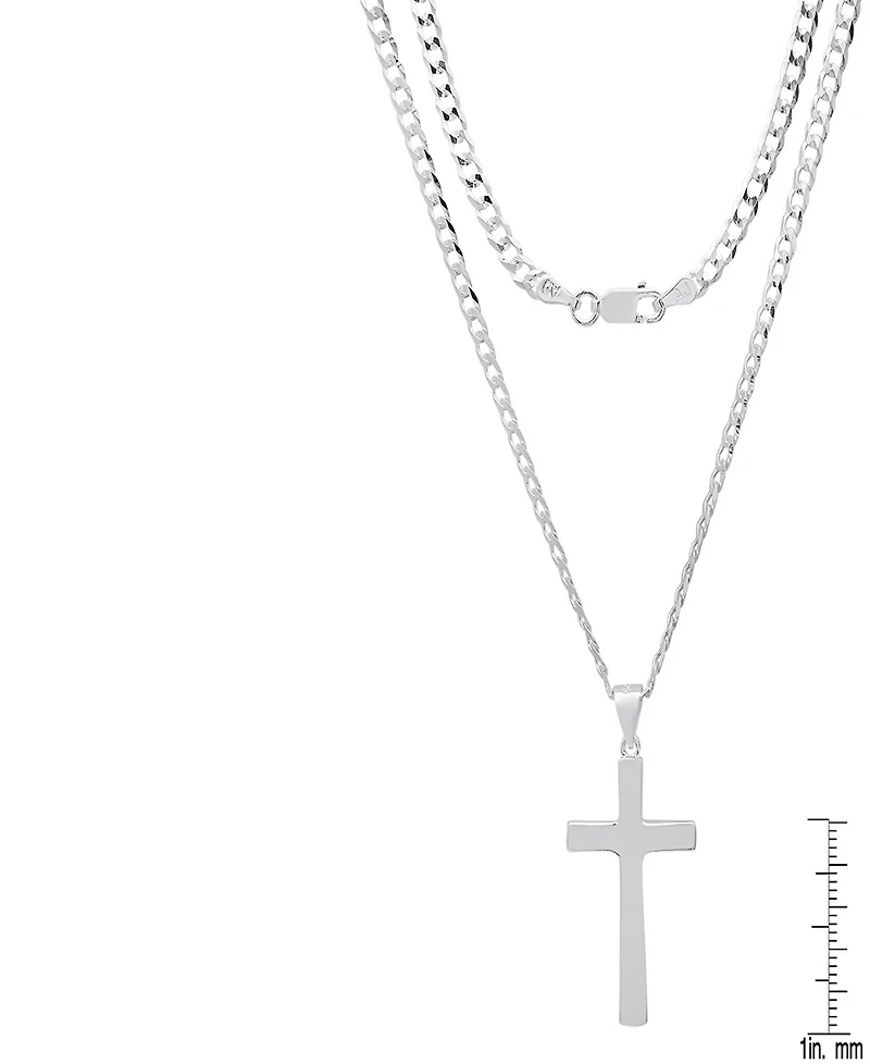 Steeltime Unisex Sterling Silver Cuban Superflat Chain and Cross Pendant Necklace