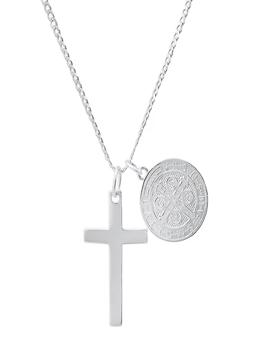Steeltime Unisex Sterling Silver Cross and Round St. Benedict Pendant Necklace