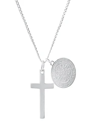 Steeltime Unisex Sterling Silver Cross and Round St. Benedict Pendant Necklace