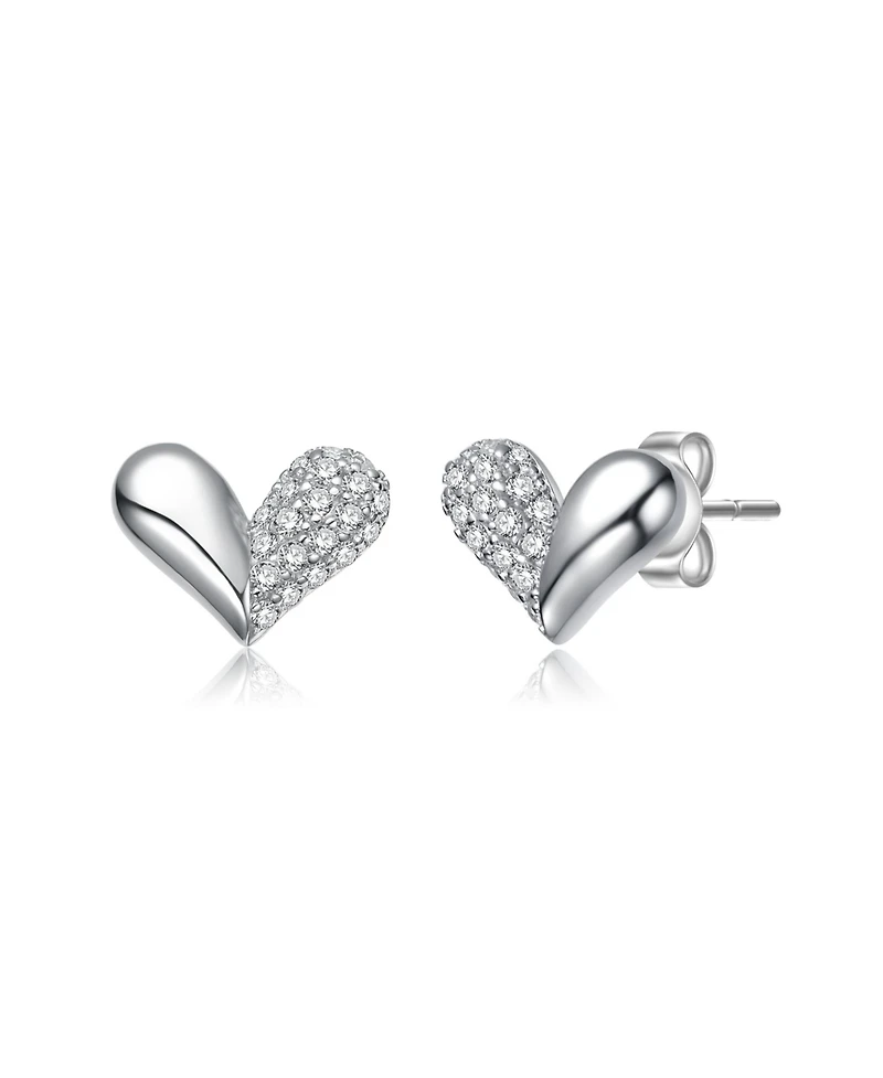 White Gold Plated with Paved Clear Cubic Zirconia Sleek Heart Stud Earrings
