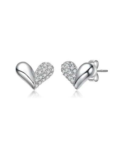 White Gold Plated with Paved Clear Cubic Zirconia Sleek Heart Stud Earrings