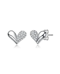 White Gold Plated with Paved Clear Cubic Zirconia Sleek Heart Stud Earrings