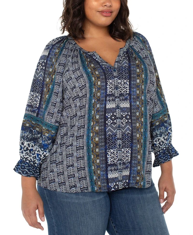 Liverpool Los Angeles Plus Printed V-Neck Button-Front 3/4-Sleeve Blouse