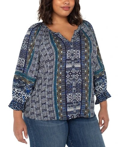 Liverpool Los Angeles Plus Printed V-Neck Button-Front 3/4-Sleeve Blouse