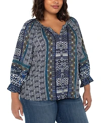 Liverpool Los Angeles Plus Printed V-Neck Button-Front 3/4-Sleeve Blouse