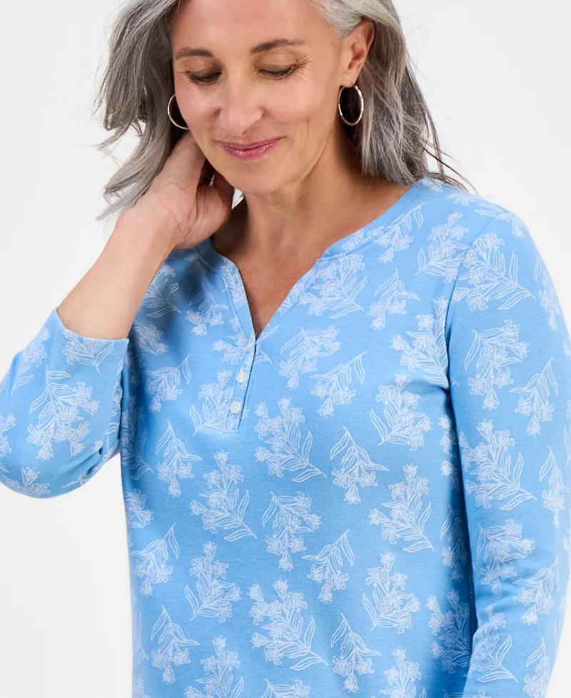 Style & Co Petite Printed 3/4-Sleeve Henley Knit Top, Exclusively at Macy's