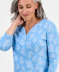Style & Co Petite Printed 3/4-Sleeve Henley Knit Top, Exclusively at Macy's