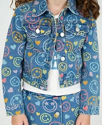 Rare Editions Little Girls 3-Piece Smiley Denim Jacket, Ruffle hem Skort, Crewneck T-Shirt Set