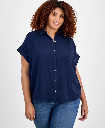 Style & Co Plus Size Button-Front Short-Sleeve Shirt, Exclusively at Macy's