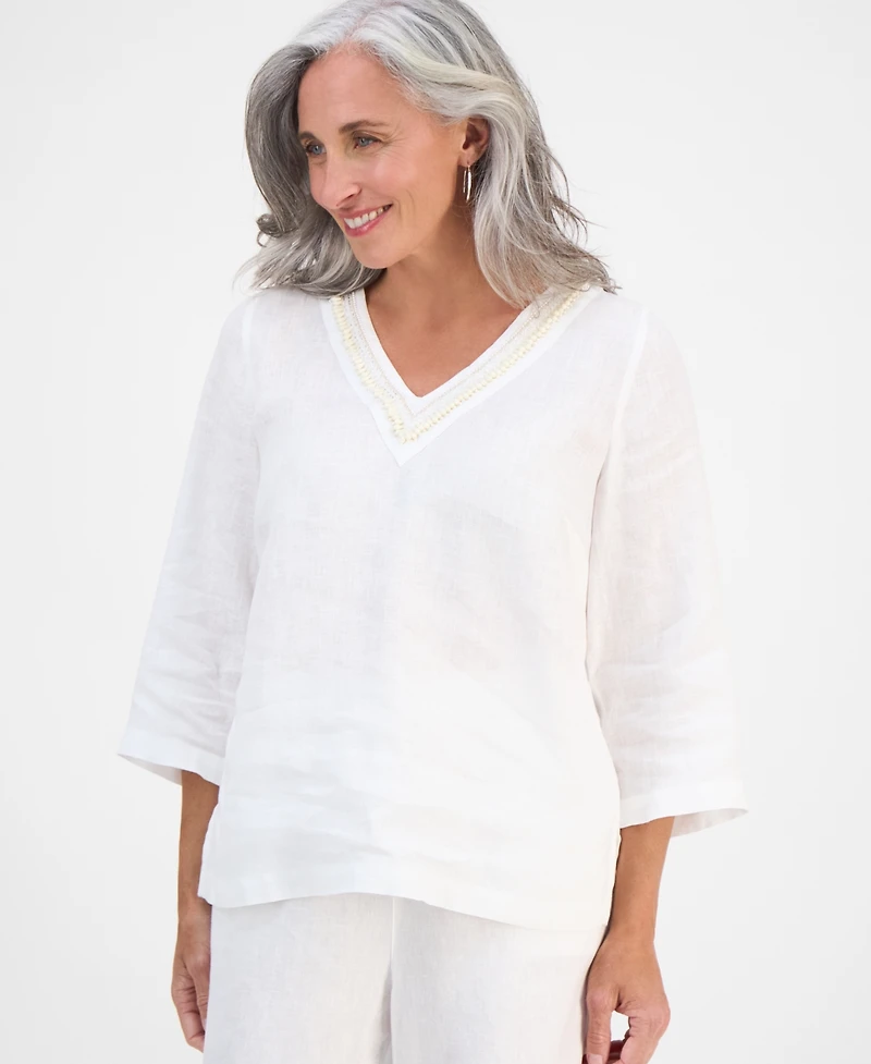 Charter Club Petite Embellished V-Neck 3/4-Sleeve Linen Top, Exclusively at Macy's