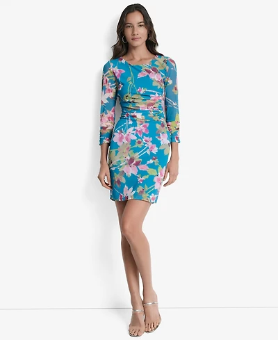 Dkny Petites Printed Ruched 3/4-Sleeve Bodycon Dress