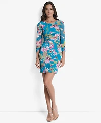 Dkny Petites Printed Ruched 3/4-Sleeve Bodycon Dress