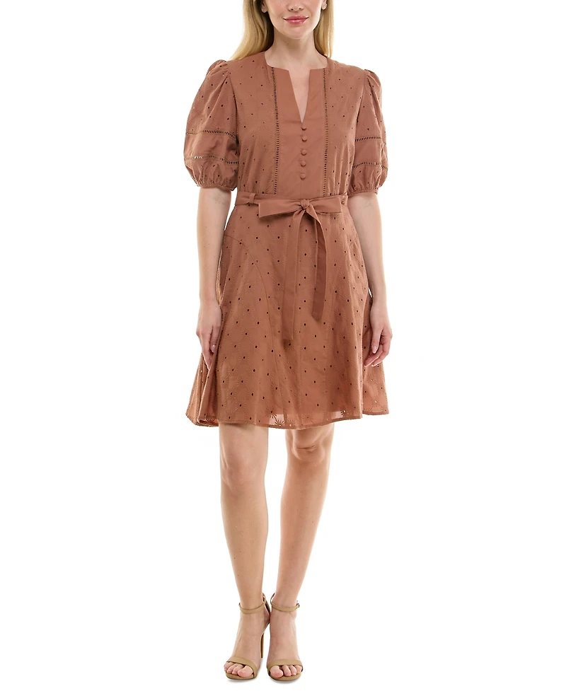 Taylor Petite Split-Neck Puff-Sleeve Fit & Flare Dress