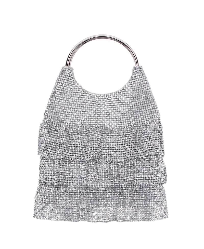Nina 3-Tiered Crystal Mesh Ruffle Pouch Bag
