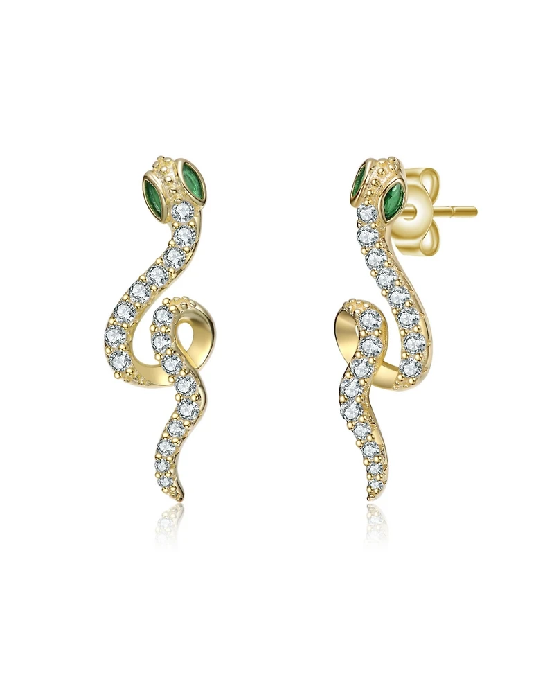 14K Gold Plated with Green Eyed Snake Drop Earrings