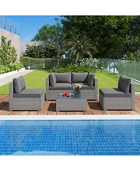 5-Piece Outdoor Patio Sectional Sofa Couch and Glass Coffee Table with Cushions