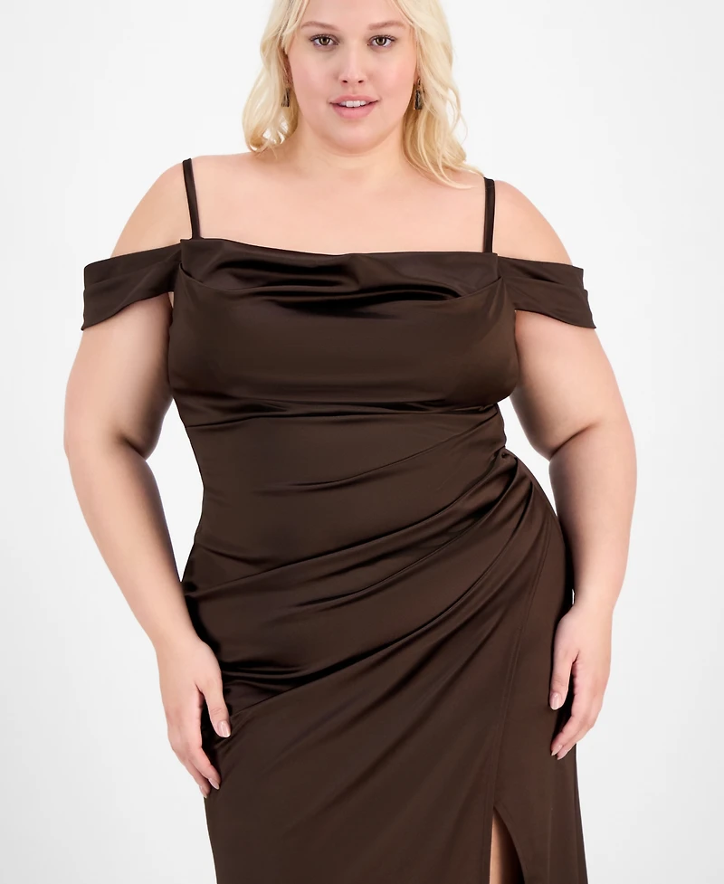 B Darlin Trendy Plus Off-The-Shoulder Satin Gown