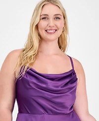 City Studios Trendy Plus Cowl-Neck Tiered Satin Gown