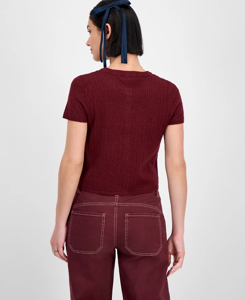 Freshman Juniors' Short-Sleeve Crewneck Cable-Knit Sweater